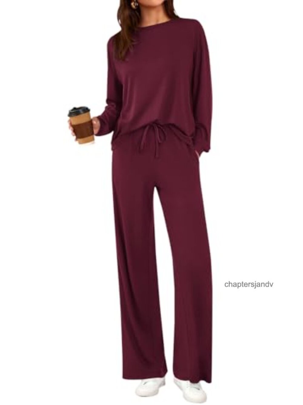 Womens 2 Piece Lounge Set Long Sleeve Crewneck Wide Leg Drawstring Pants